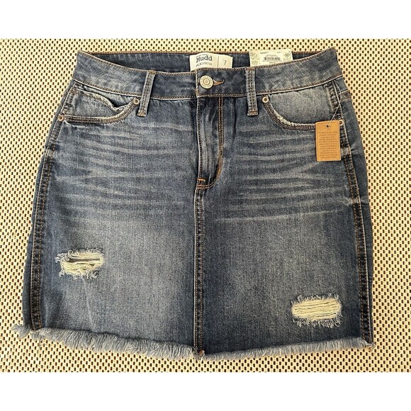 Y2k Mudd Jean DENIM Mini Skirt Sz 7 (5/6) Stretch‎ Micro Cut Off VTG NWT Frayed - Picture 1 of 13